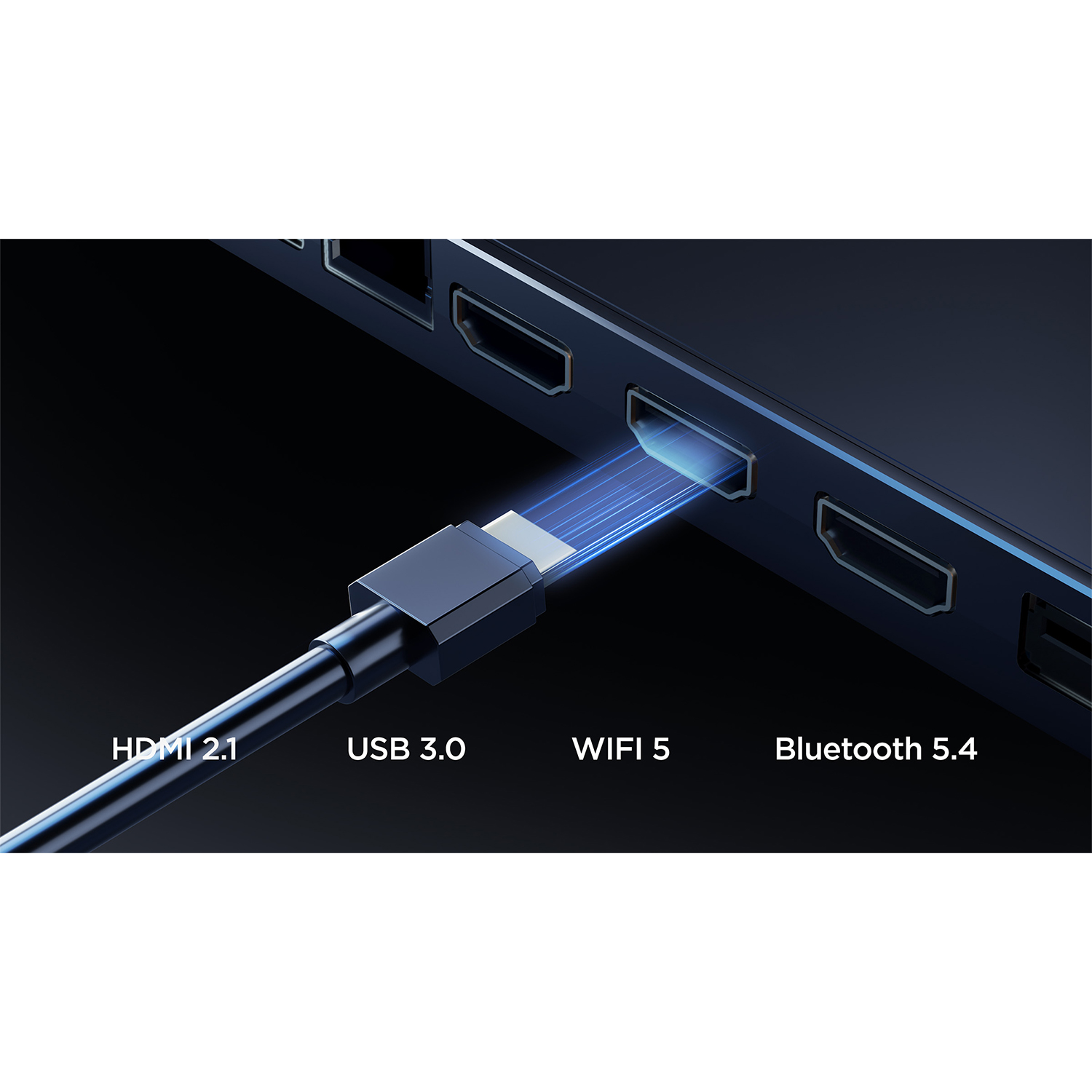 Kabel HDMI 2.1 podłączony do laptopa, obok USB 3.0, WiFi 5, Bluetooth 5.4.
