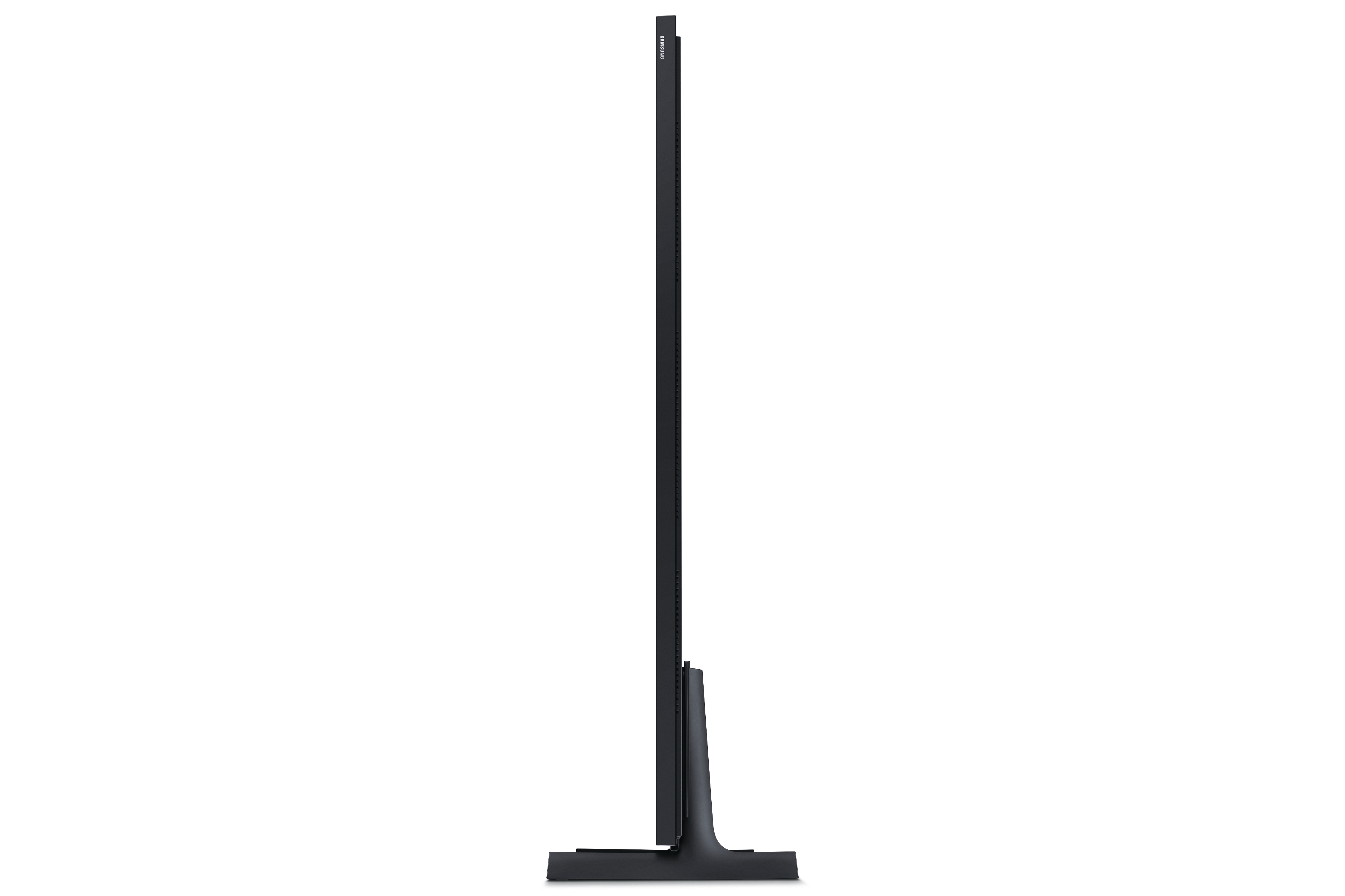 Schwarzer Fernseher mit schlankem Profil und einem schmalen Ständer.