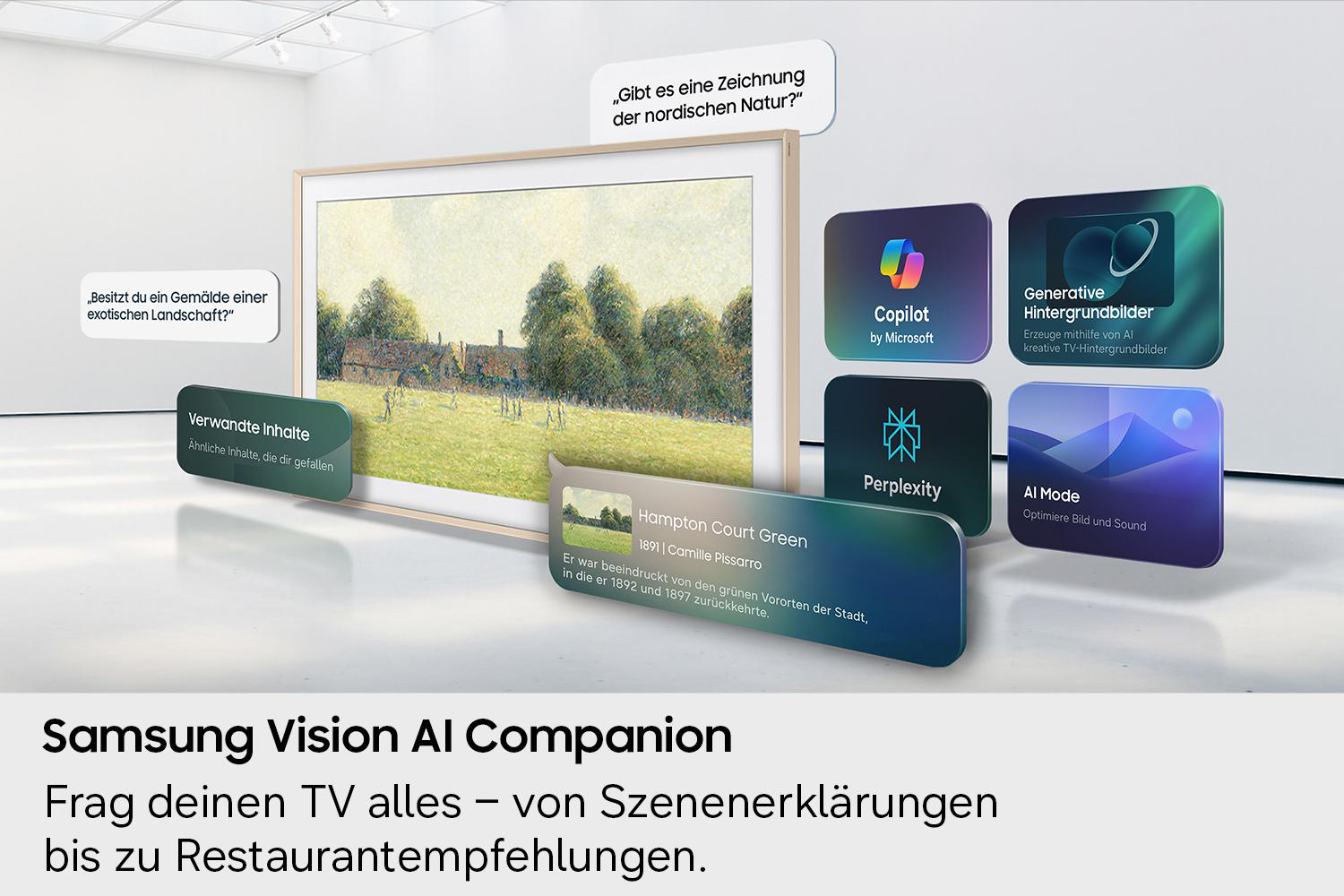 TV zeigt Kunst, fragt nach Motiven und bietet AI-Features wie Copilot, Perplexity, Generative Backgrounds, AI Mode.