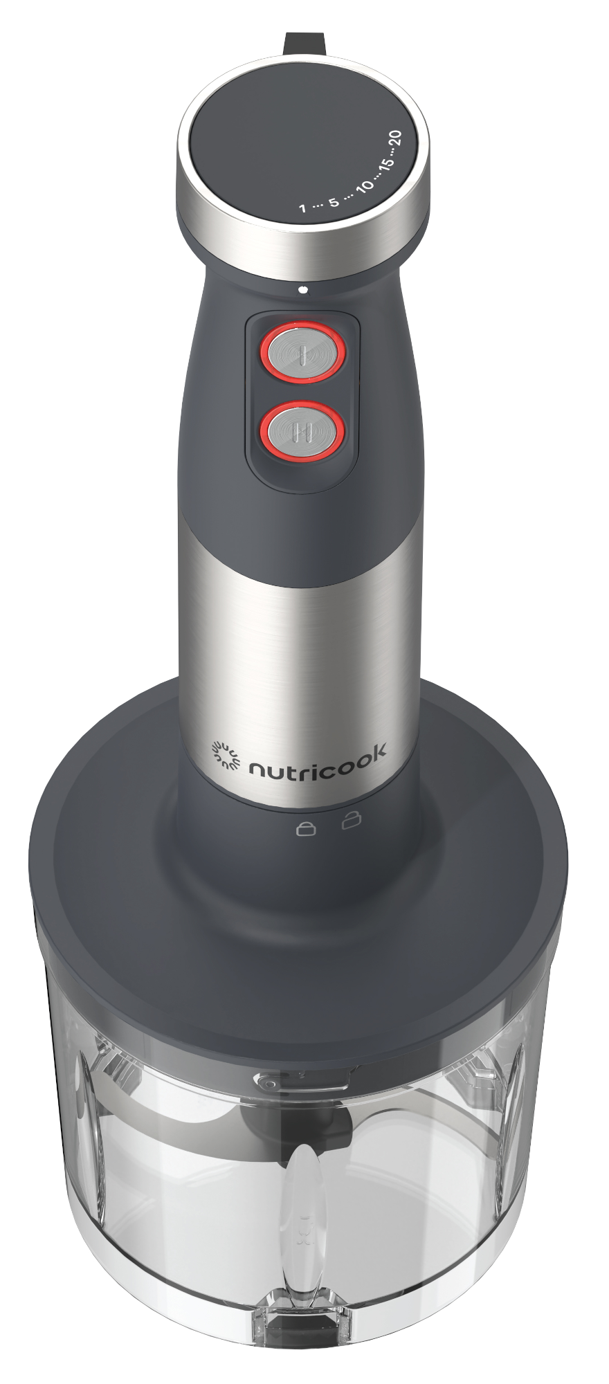 Szürke és ezüst Nutricook botmixer átlátszó aprító tálal.