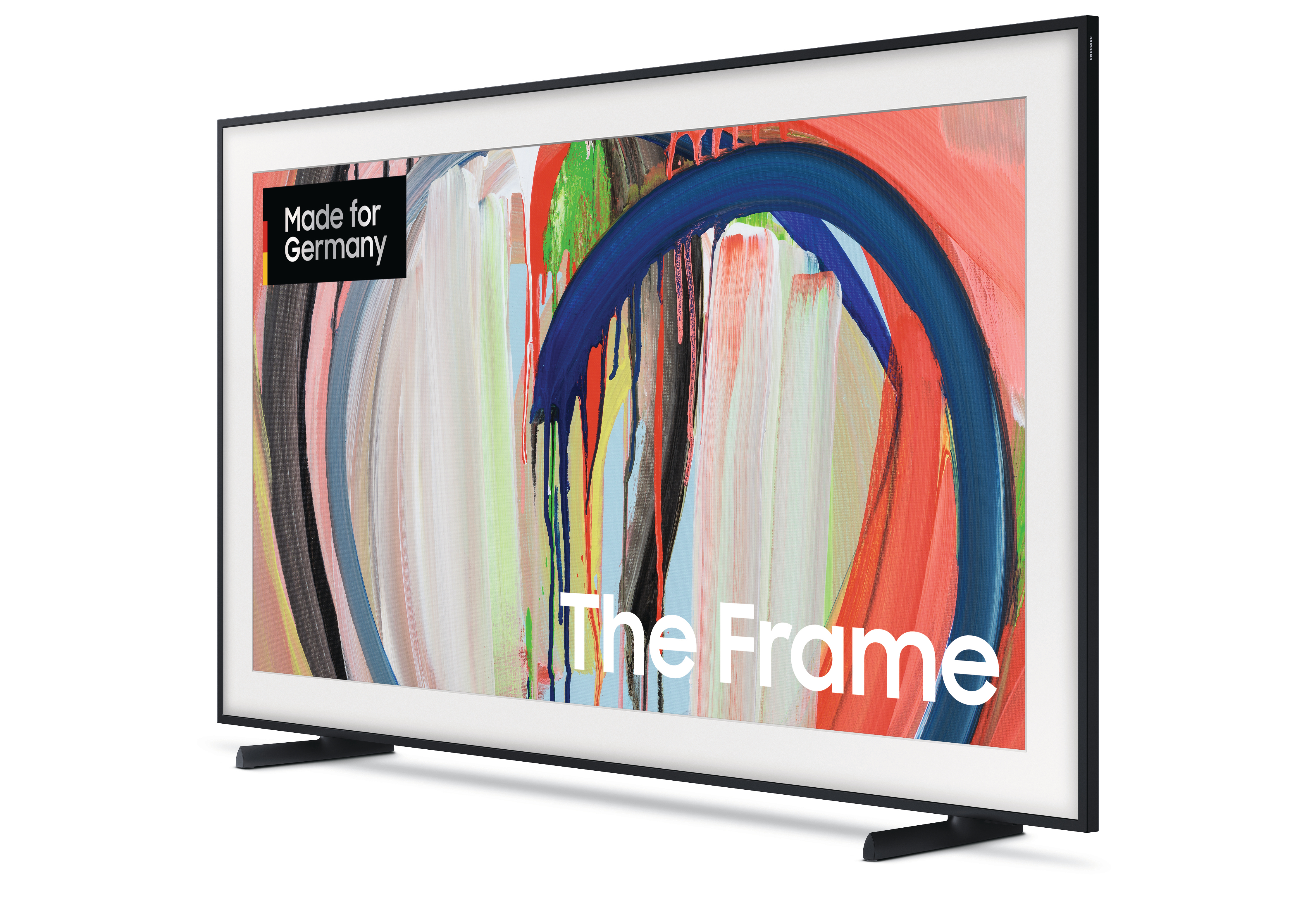Ein schwarzer Fernseher mit einem abstrakten Kunstwerk und dem Text "The Frame".