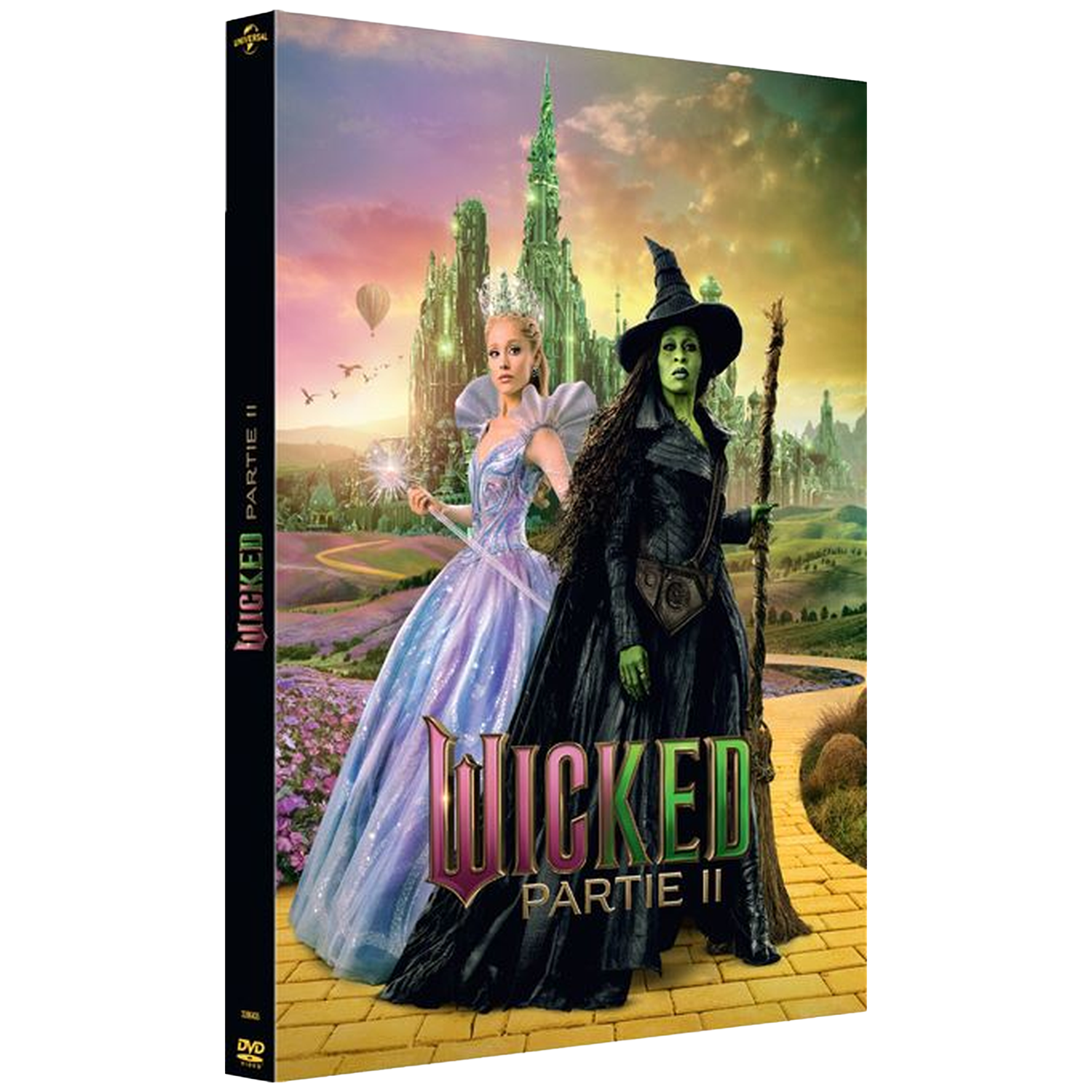 De Boze Heks en Glinda staan op een gele bakstenen weg voor de Emerald City.