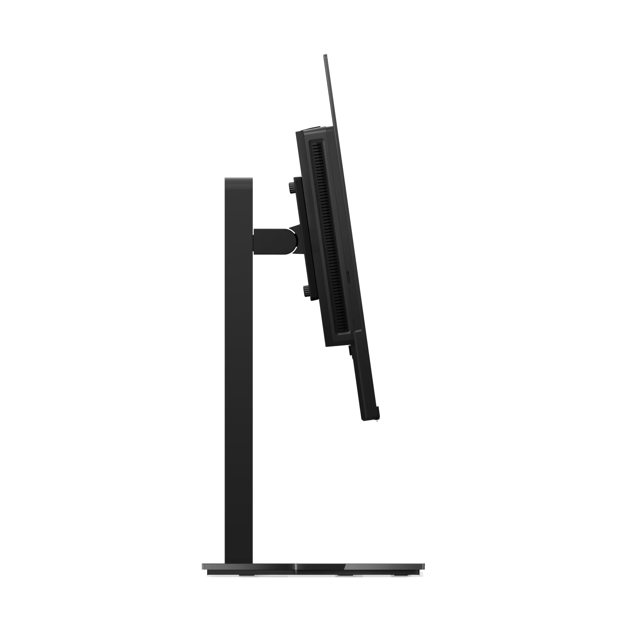 Un monitor negro se muestra en un soporte negro con base negra.