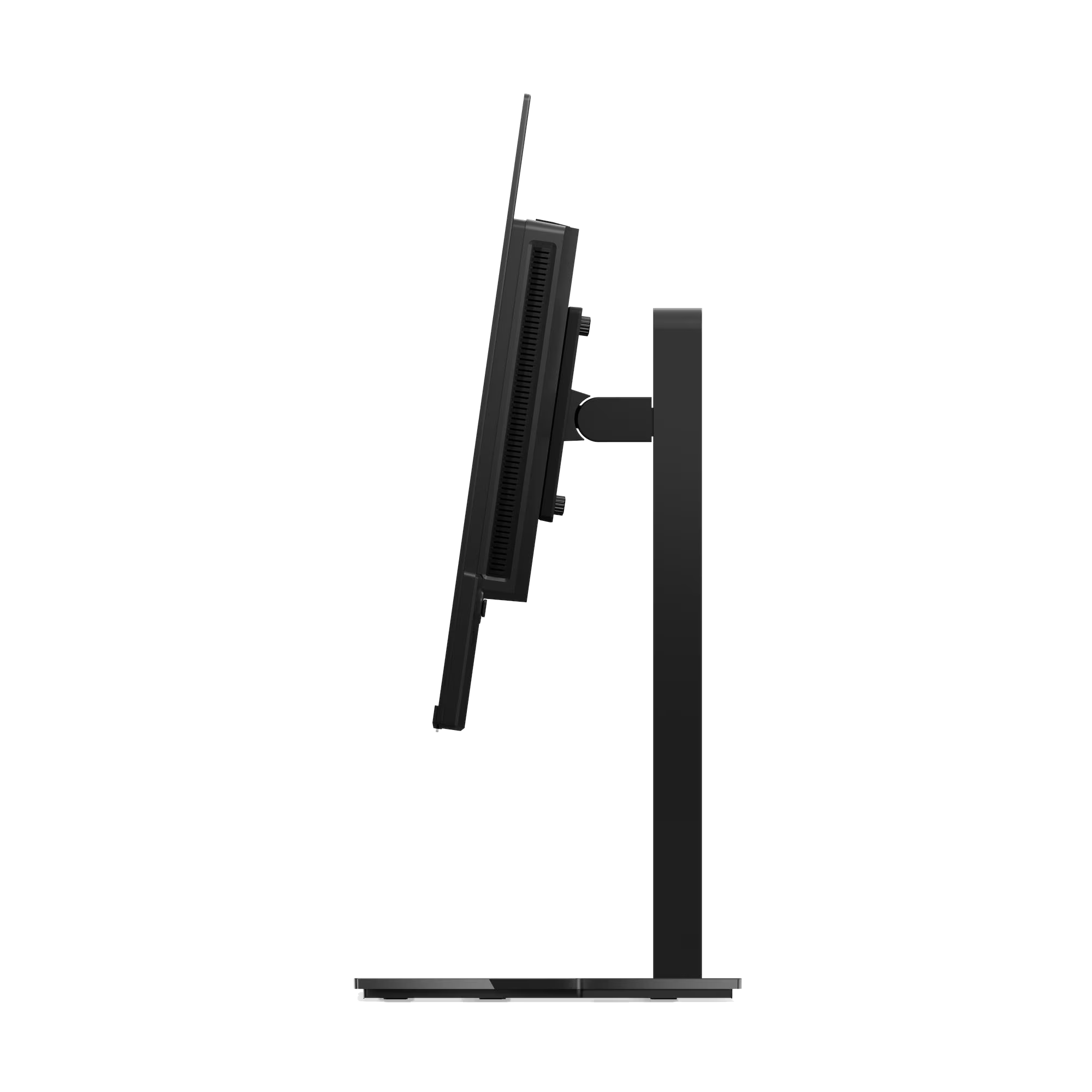 Monitor negro con soporte, visto de lado.