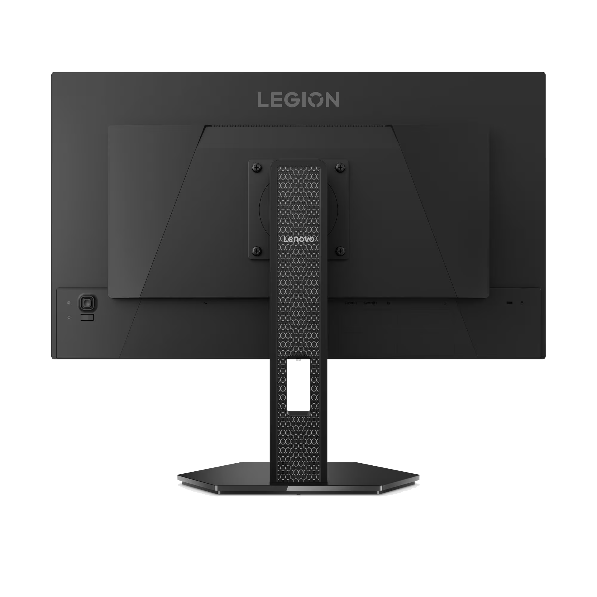 Parte trasera de un monitor Lenovo Legion negro, mostrando puertos y soporte.