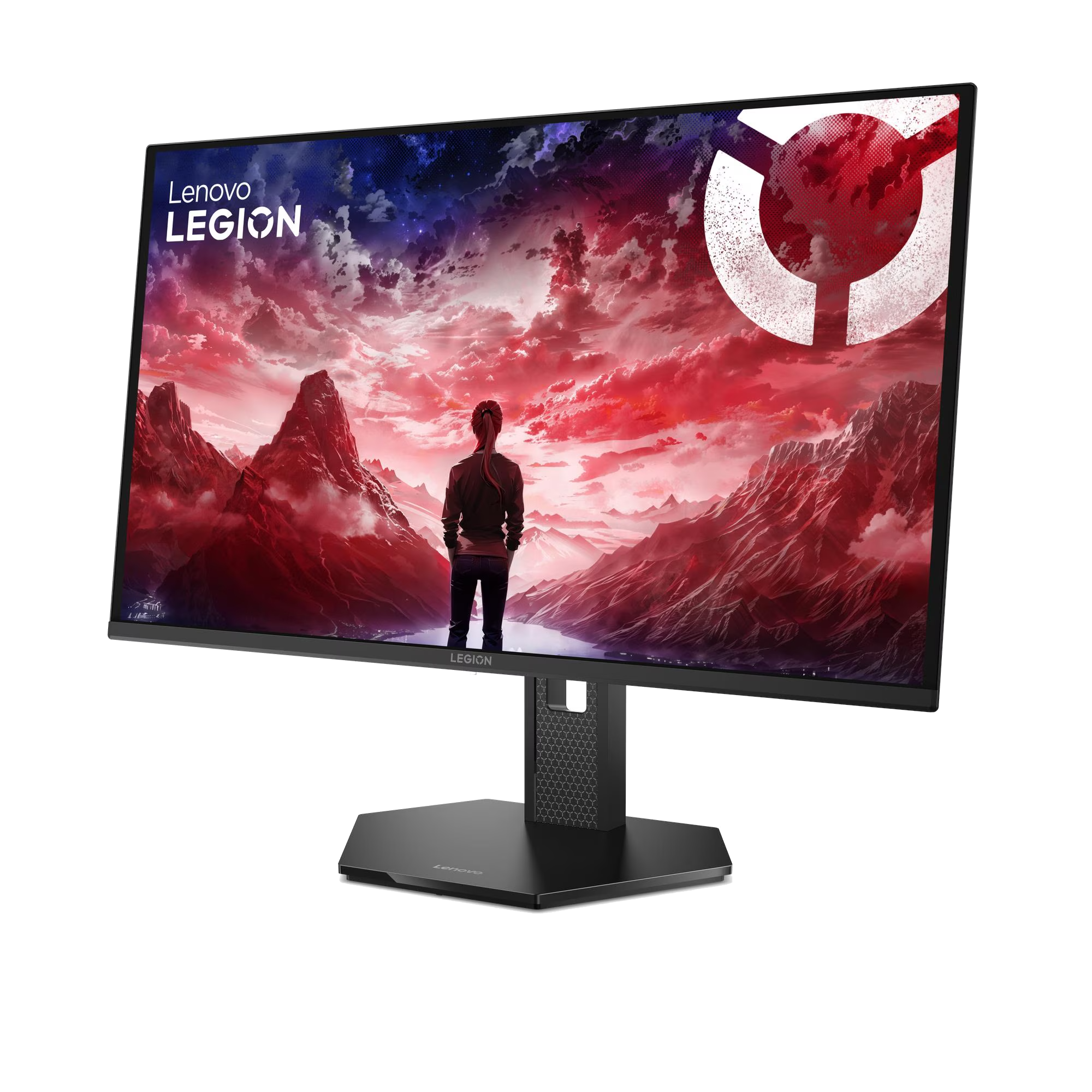 Monitor Lenovo Legion con paisaje dramático y una persona.