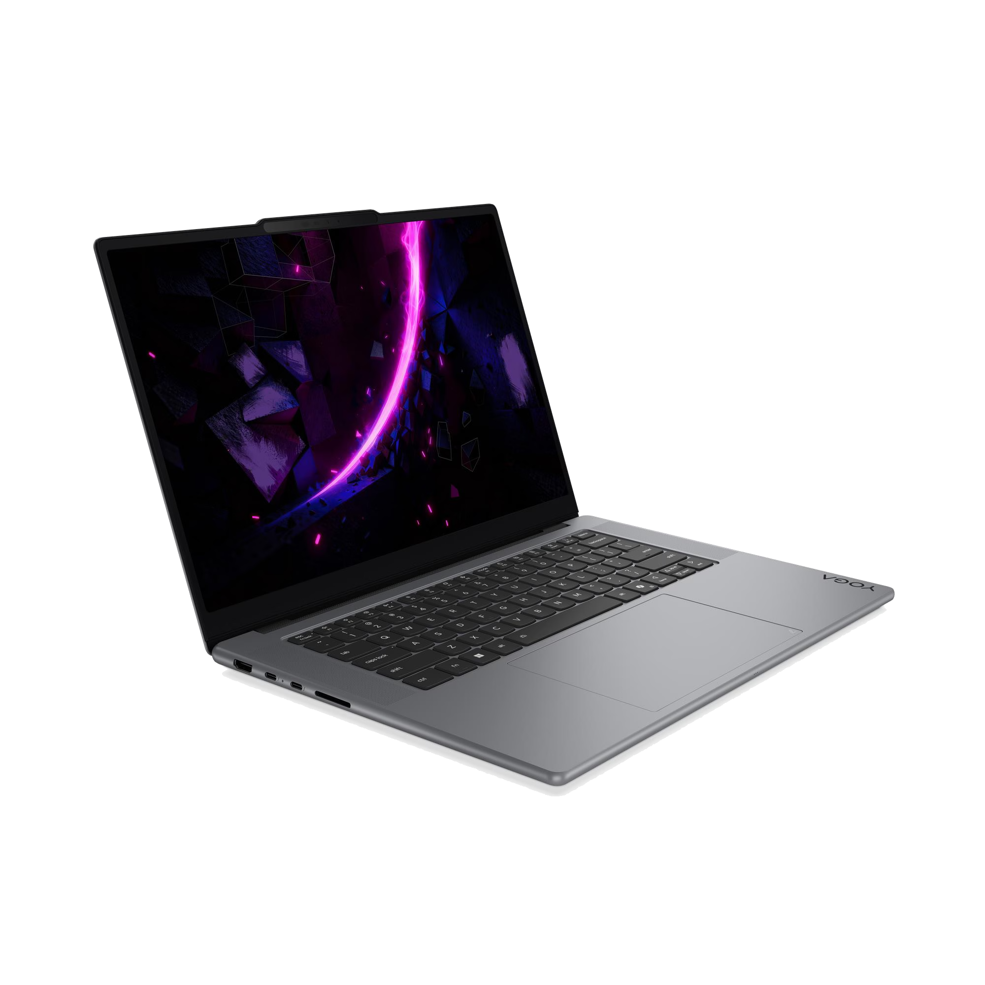 Un portátil plateado cerrado con un fondo abstracto morado y azul en su pantalla.