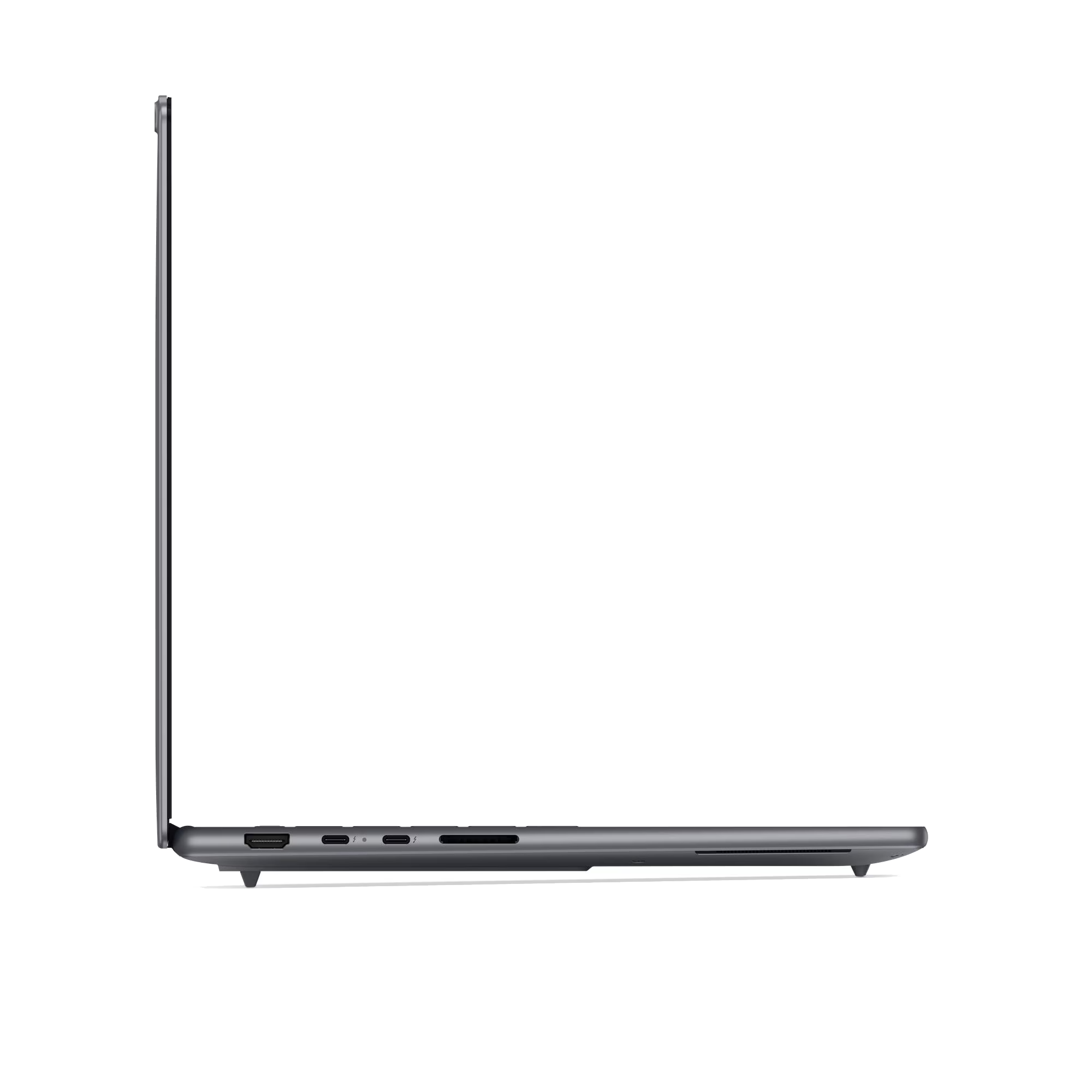 Vista lateral de un portátil gris con puertos: HDMI, USB-C, lector de tarjetas SD.