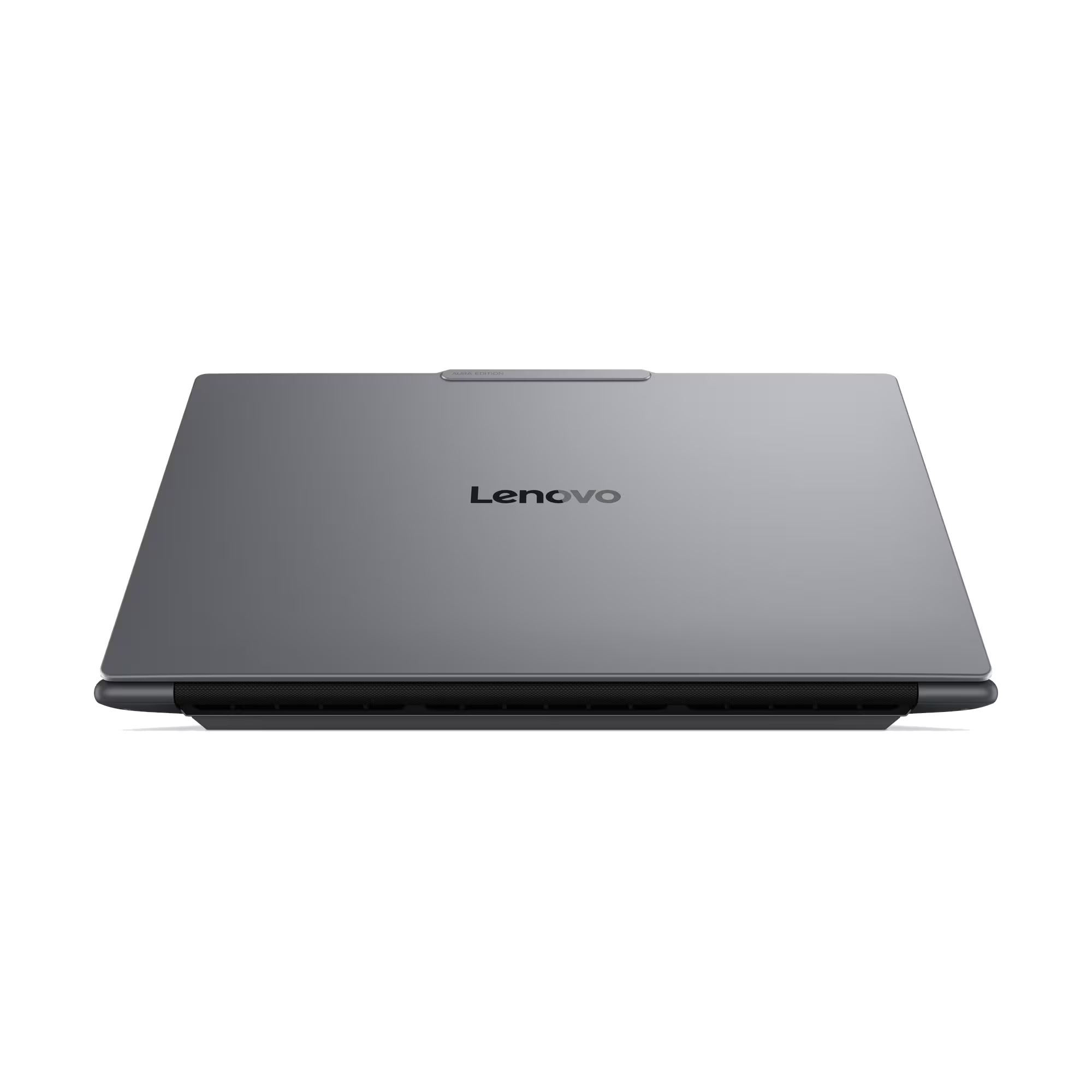 Un portátil Lenovo gris cerrado con una franja oscura abajo.