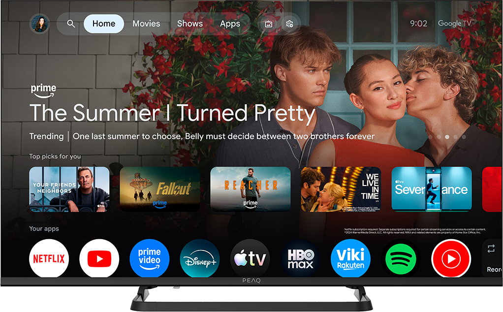 Főoldal a „The Summer I Turned Pretty” és olyan appok, mint a Netflix és a YouTube.