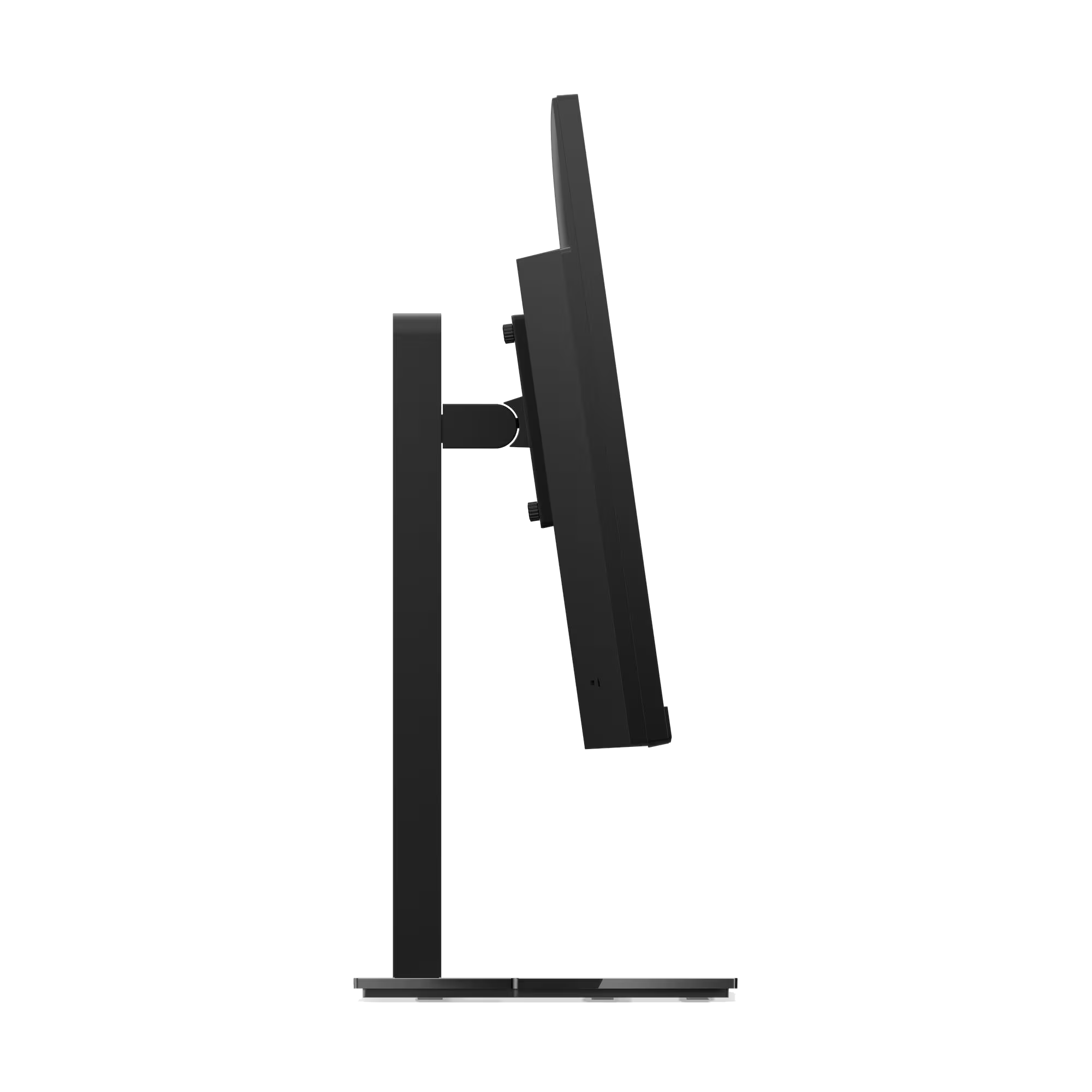 Un monitor de computadora negro con soporte ajustable sobre fondo negro.