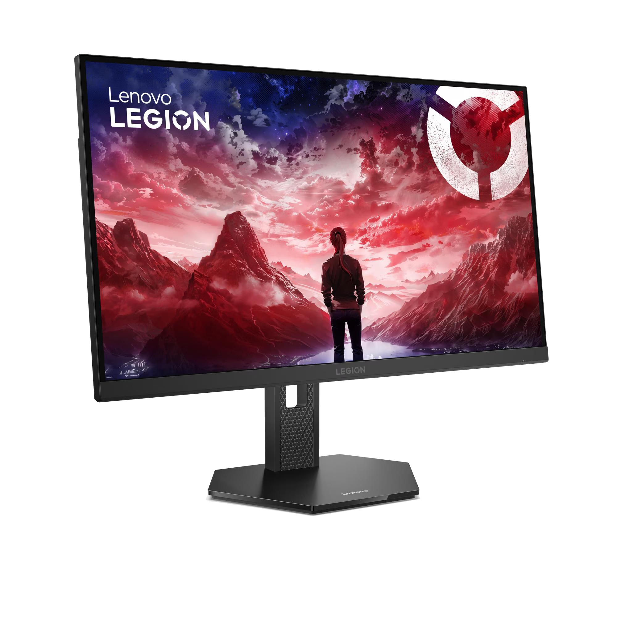 Monitor Lenovo Legion muestra persona frente a paisaje rocoso rojo con logo blanco.