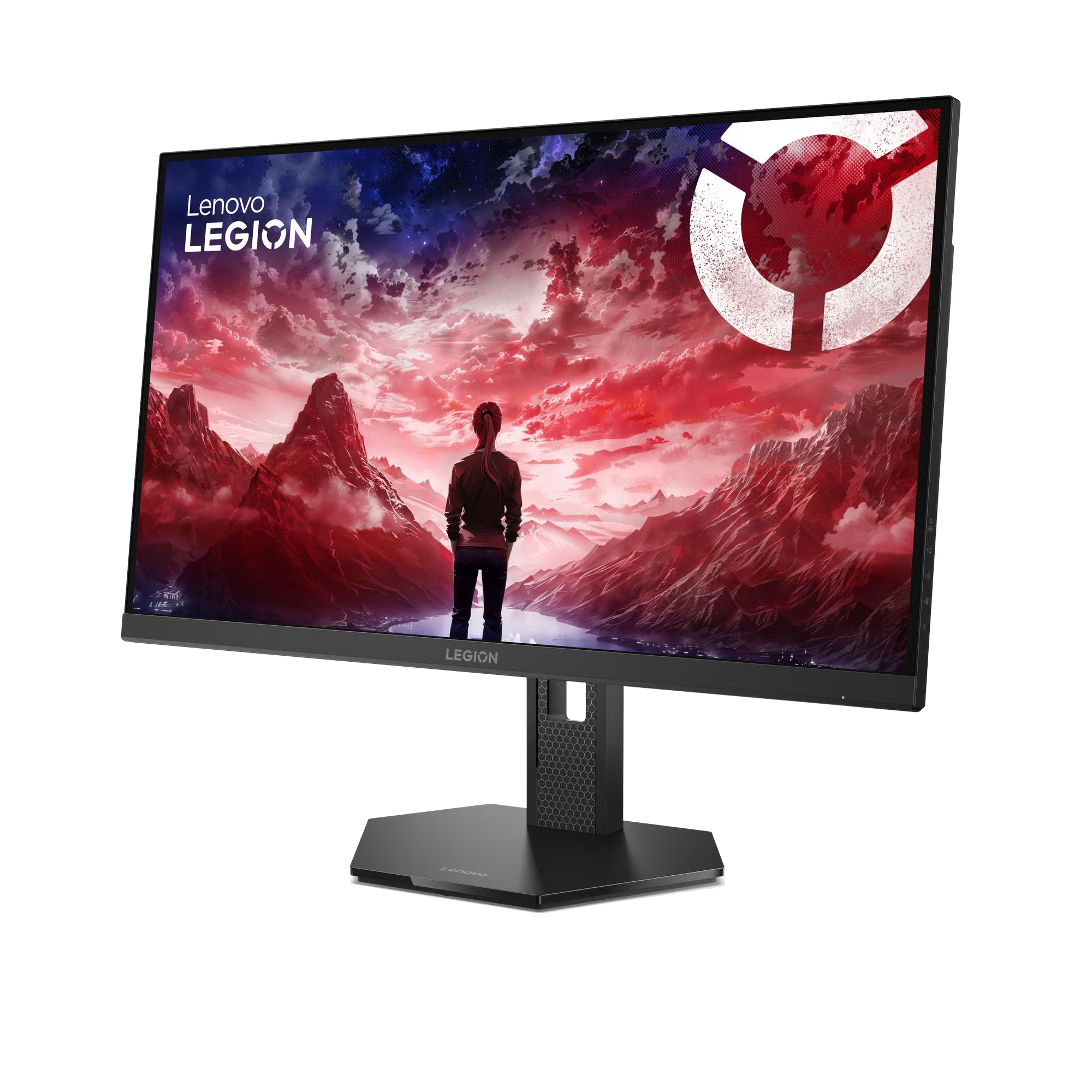 Un monitor muestra un paisaje con un personaje y el logo de Lenovo Legion.