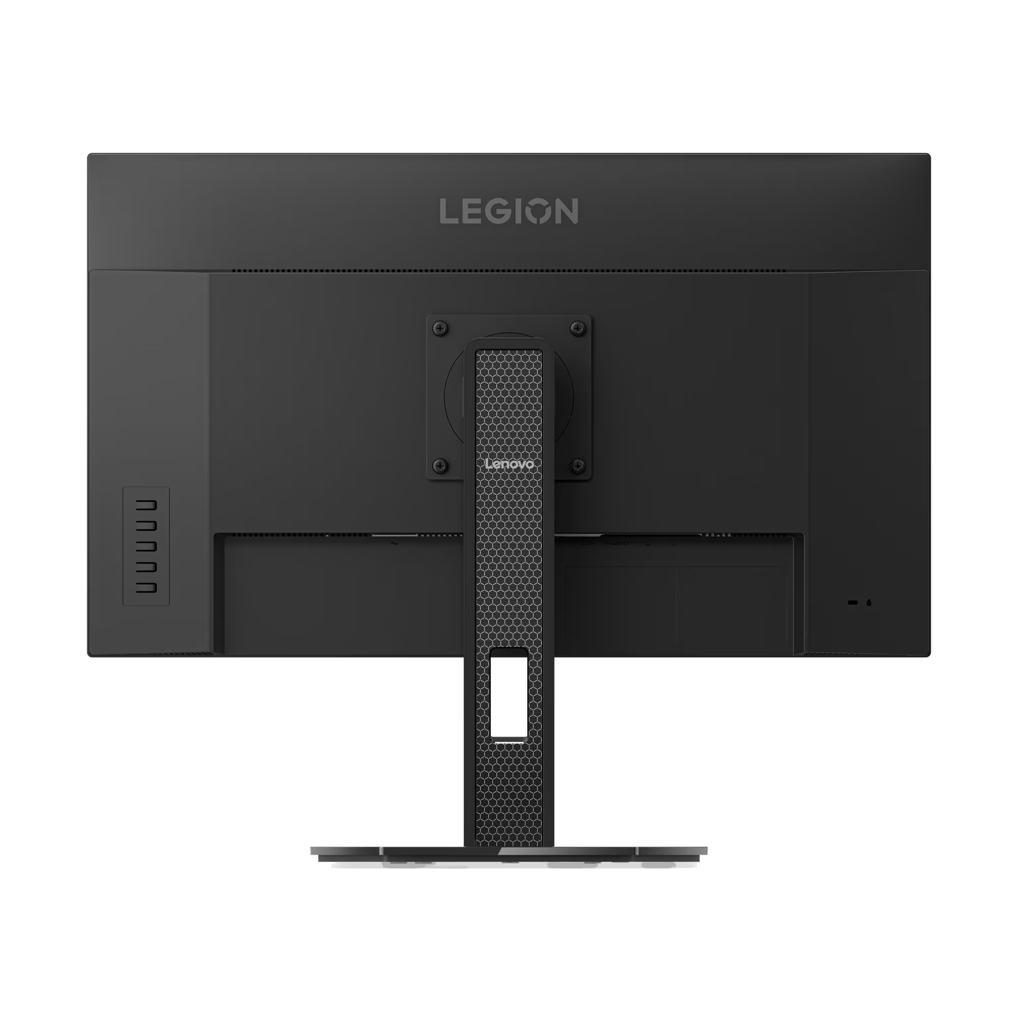 Parte trasera de un monitor negro con logos de Lenovo y Legion.