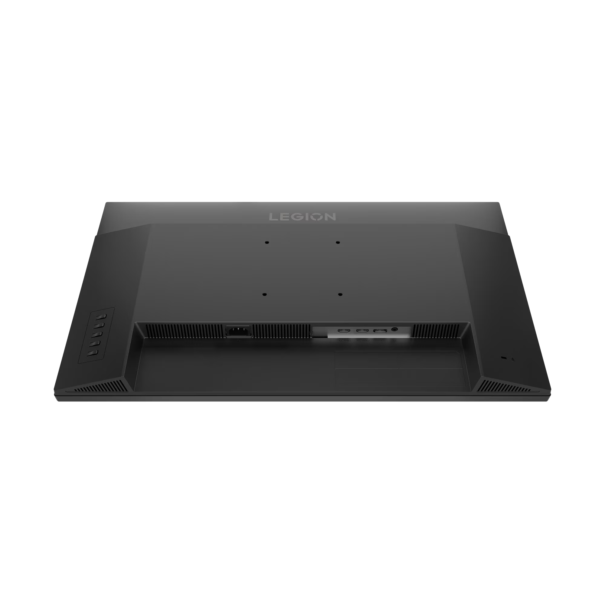 Parte trasera de un monitor negro mostrando puertos y ranuras de ventilación.