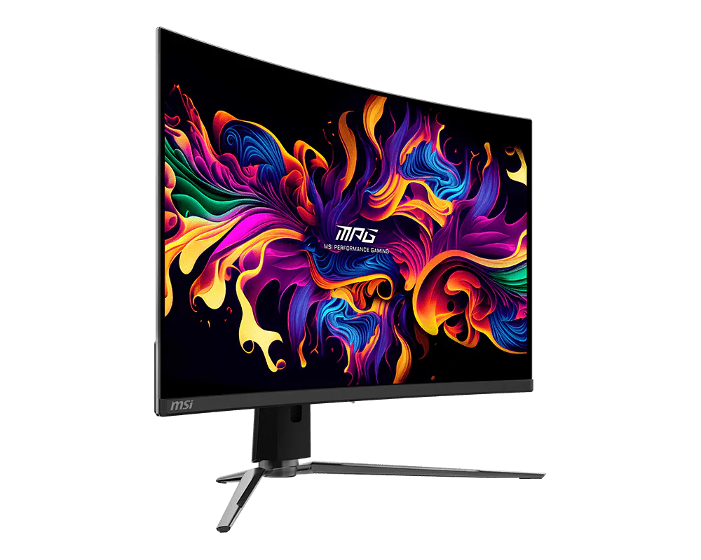 Un monitor gaming muestra un vibrante fondo abstracto en morado, azul, amarillo y verde.