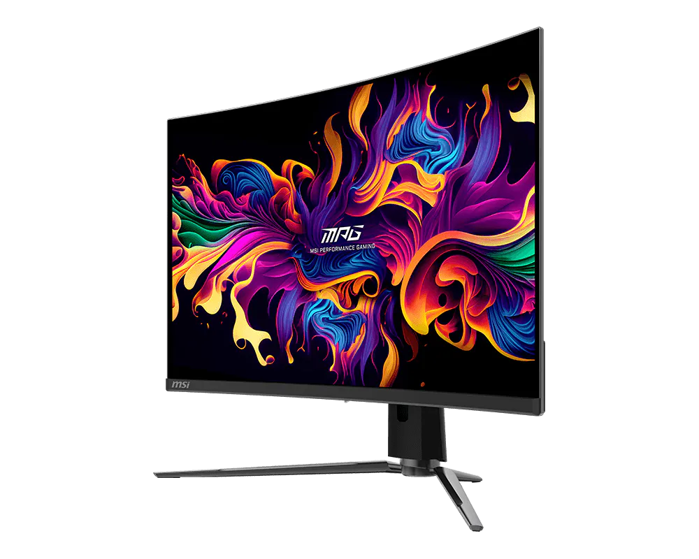 Un monitor curvo para juegos MSI muestra gráficos abstractos vibrantes en pantalla.