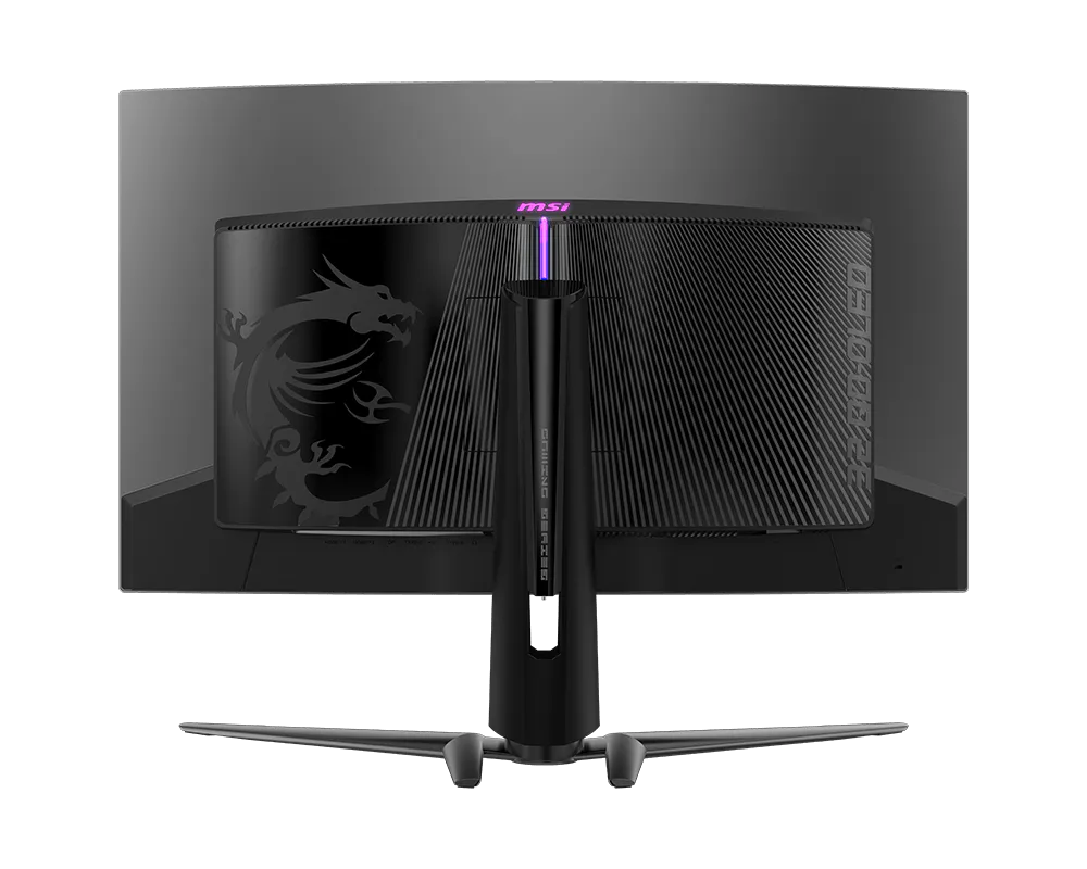 Parte trasera de un monitor gaming negro con logo de dragón e iluminación púrpura.