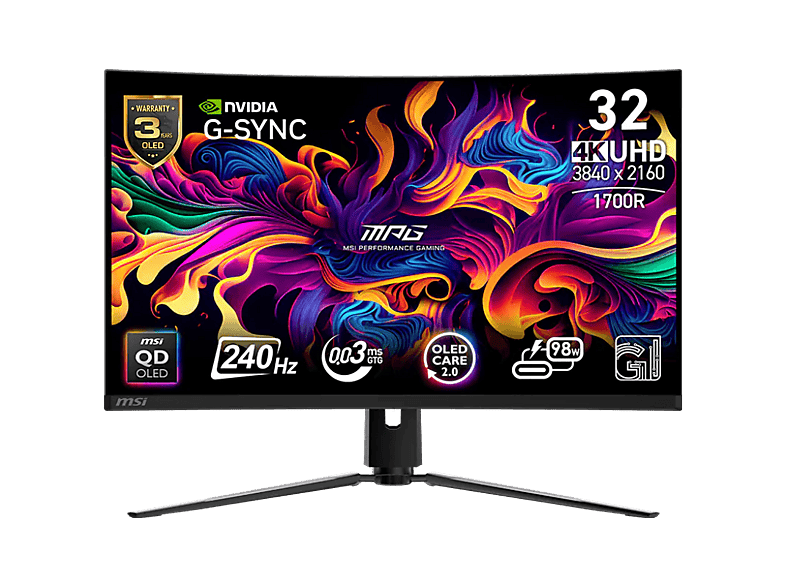 Monitor gaming - MSI MPG 321CURX QD-OLED, 31.5" UHD 4K, 240 Hz, 0.03 ms GtG, Curvo, Negro