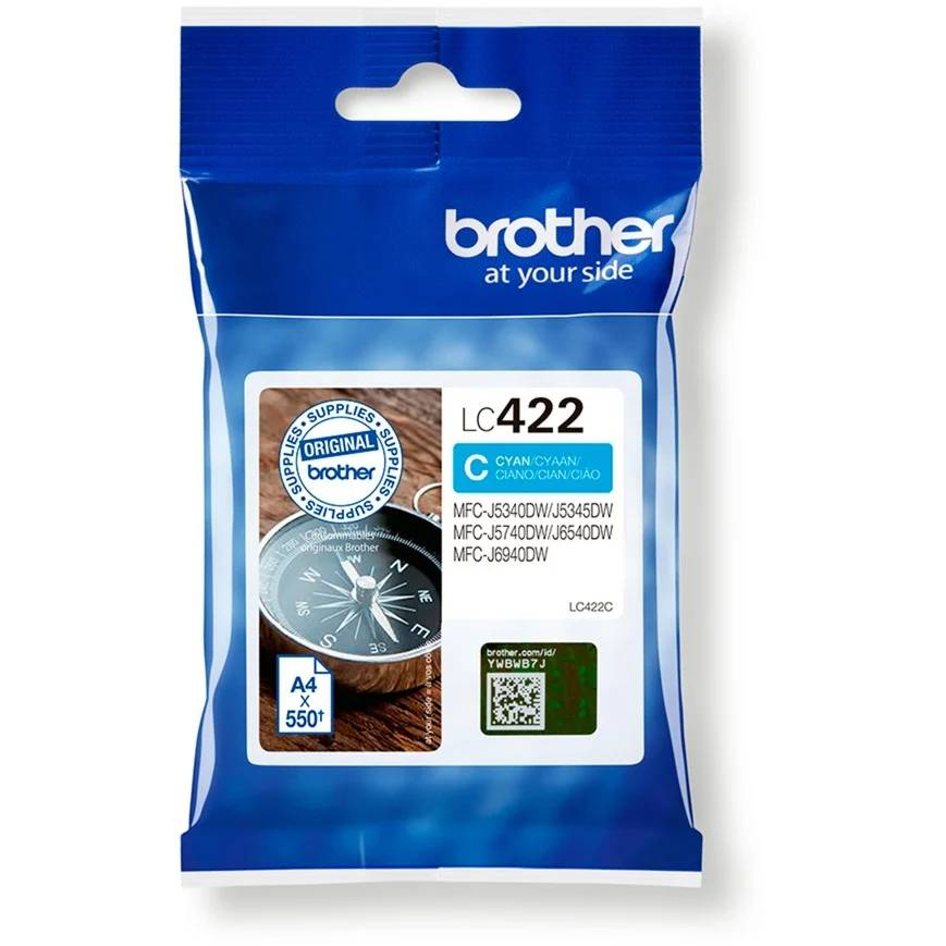 Embalaje de cartucho de tinta Brother LC422 Cian con gráfico de brújula e info de modelo.