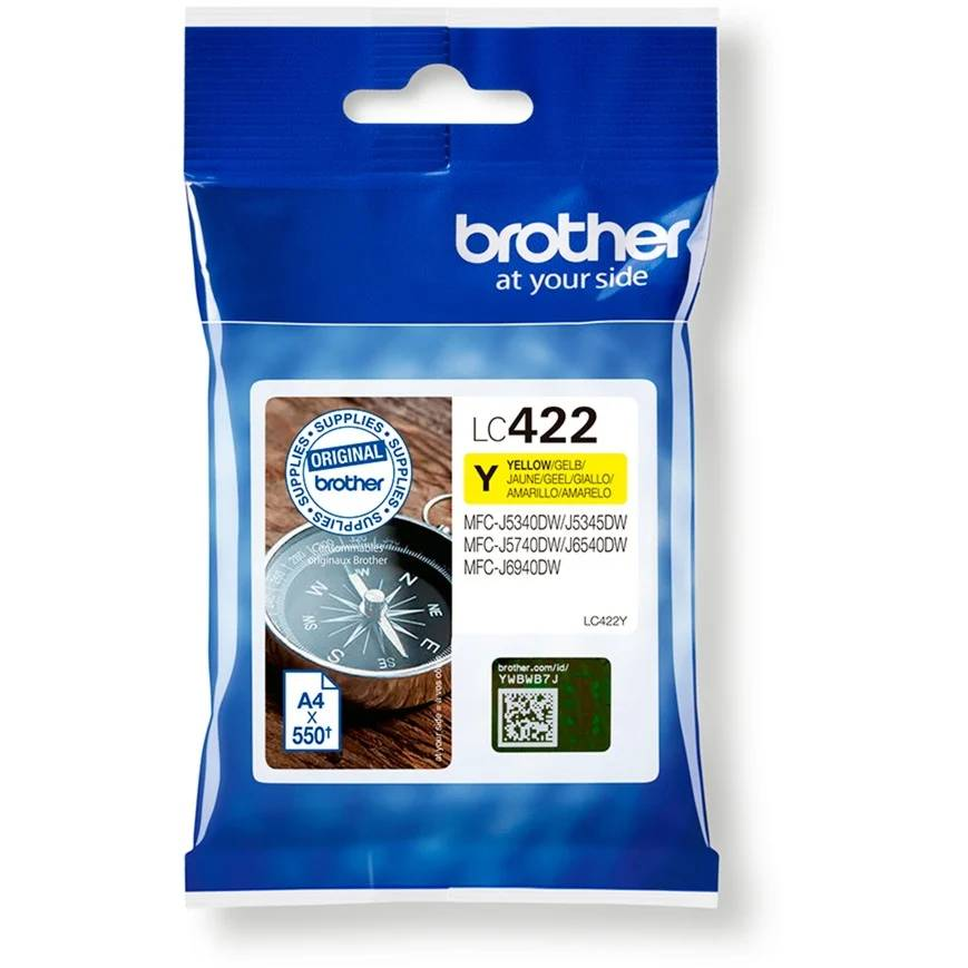 Paquete de cartucho de tinta amarillo Brother LC422 con lista de compatibilidad.