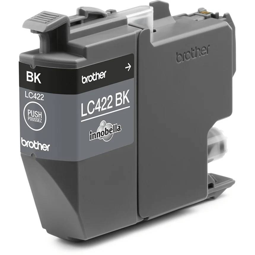 Etiqueta gris de cartucho de tinta Brother LC422 BK con texto.