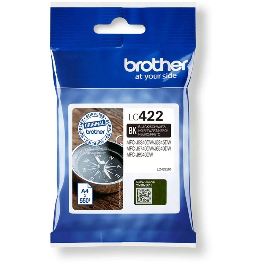 Embalaje de cartucho de tinta negro Brother LC422 con imagen de brújula.
