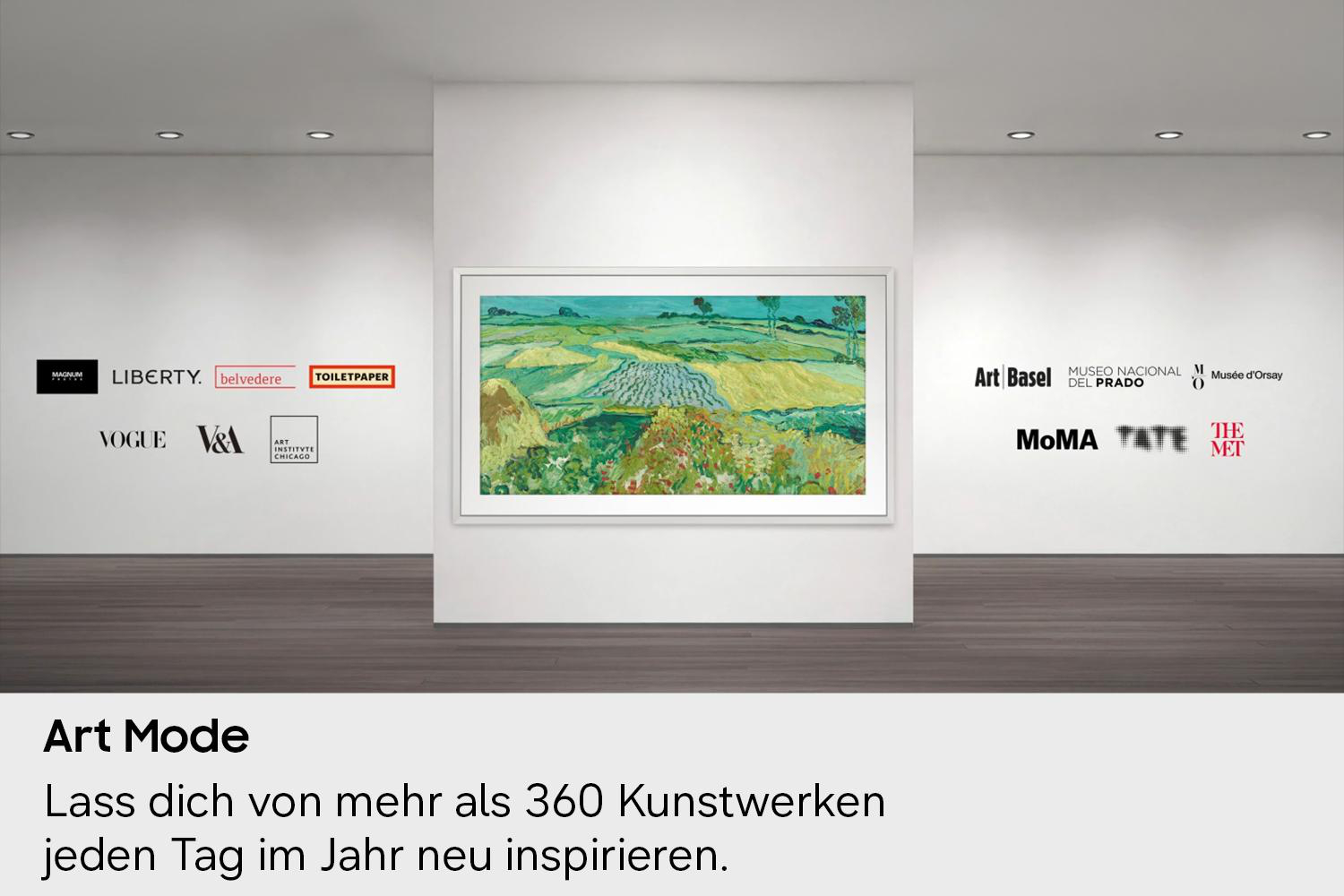 Ein Gemälde eines Feldes wird in einem Ausstellungsraum gezeigt.