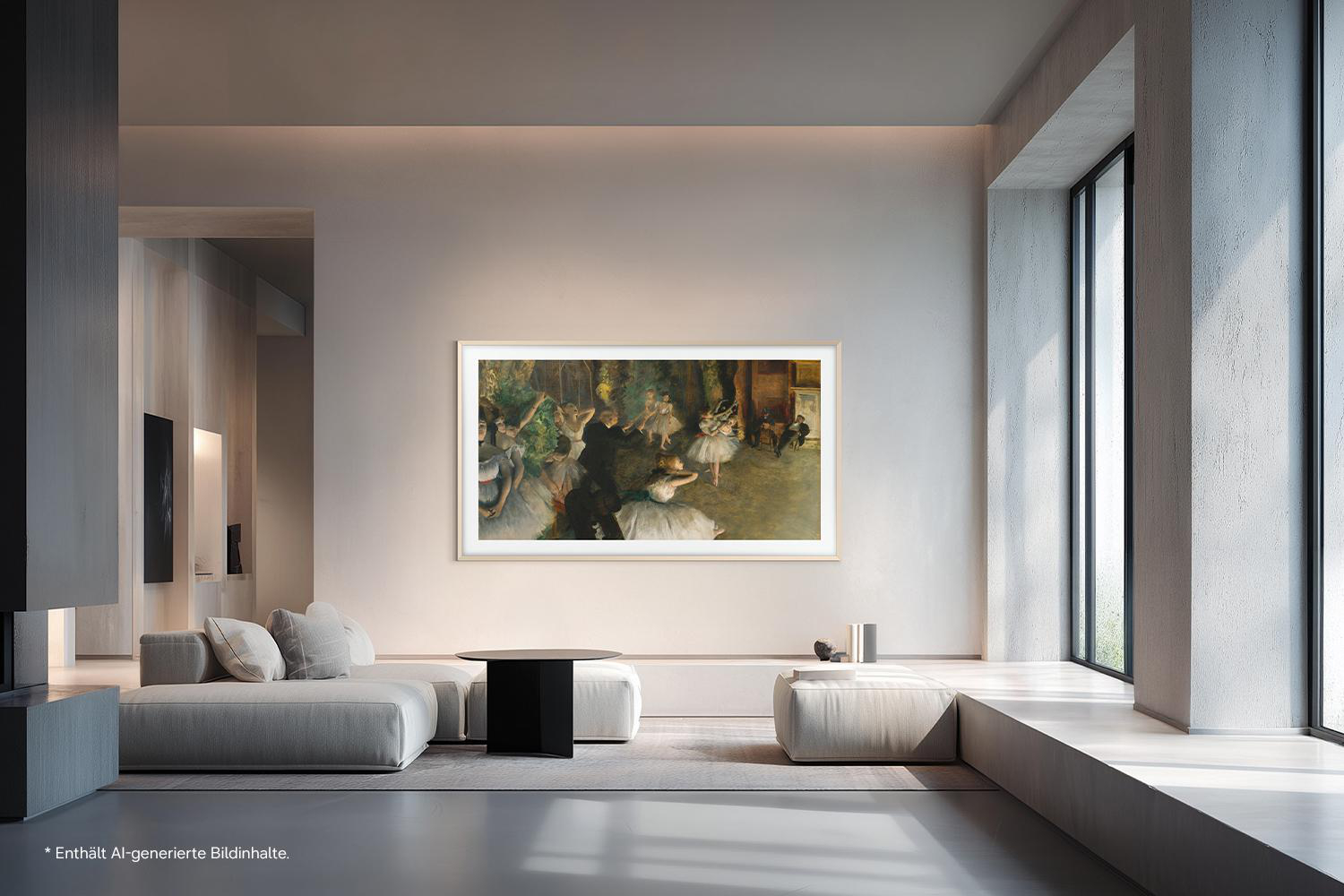 Ein Gemälde von Ballerinas in einem modernen Wohnzimmer mit Sofa und Tisch.