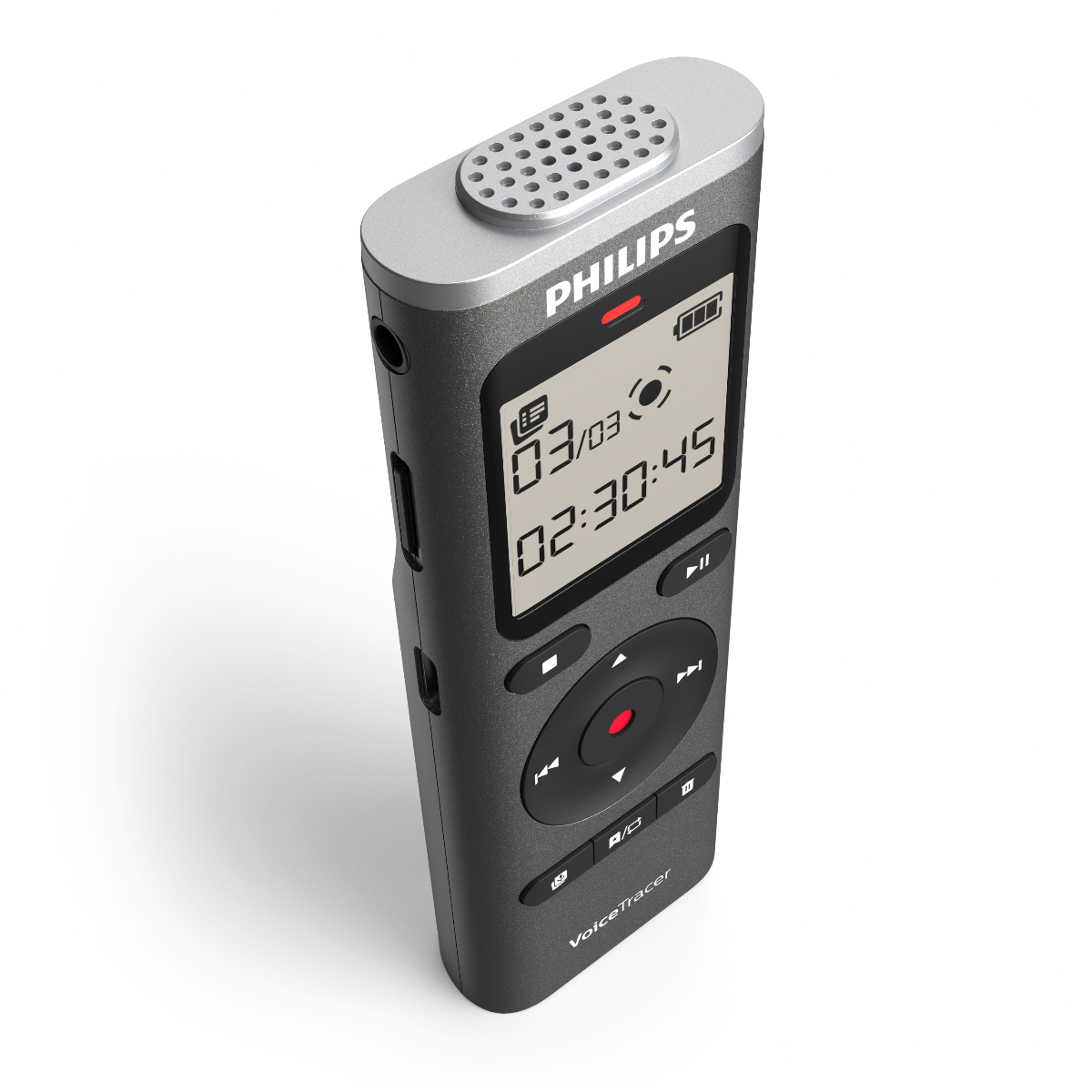 Un dispositivo de grabación Philips VoiceTracer gris con pantalla negra y botones.