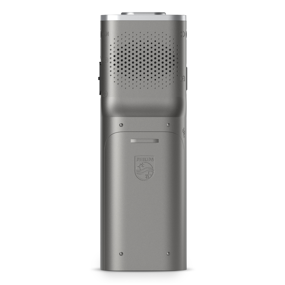 Grabadora de voz Philips gris con rejilla de altavoz y puerto USB.