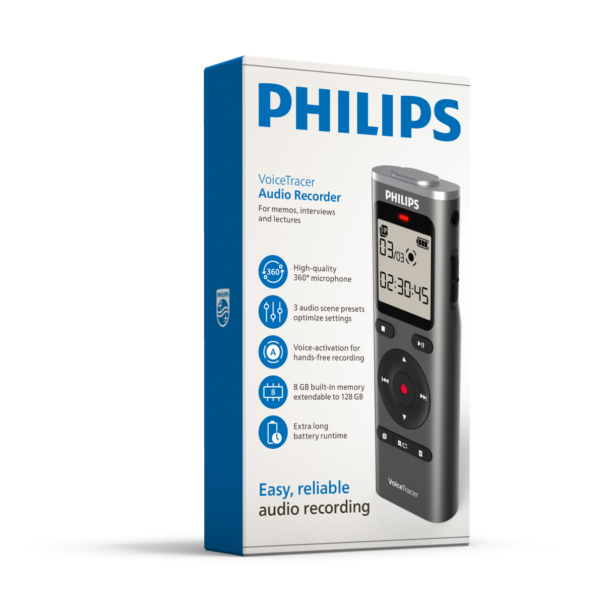 Embalaje de grabadora de audio Philips VoiceTracer con imagen del dispositivo y características.