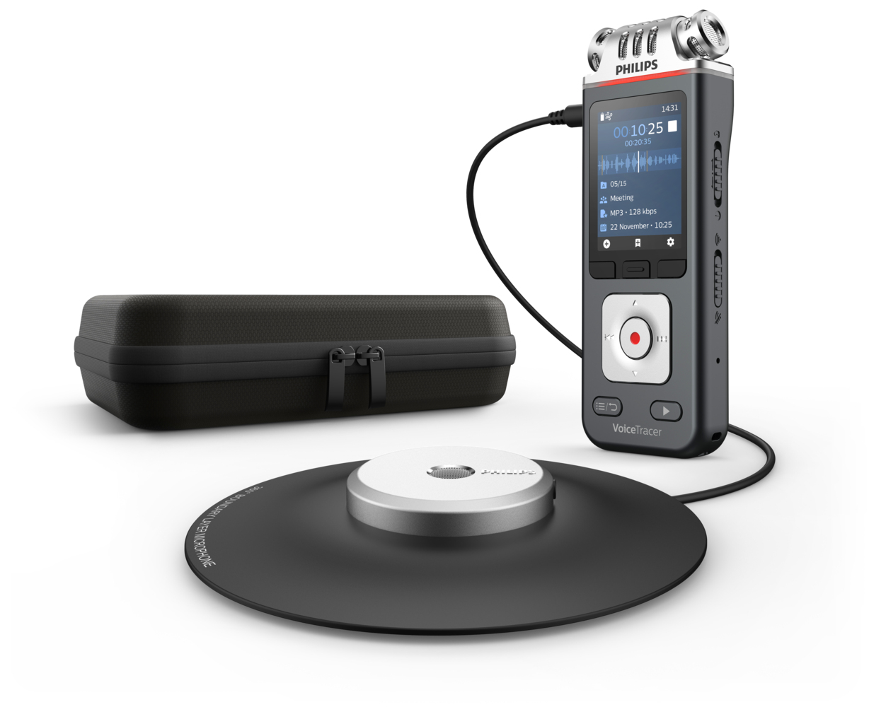 Philips VoiceTracer con micrófono, estuche y micrófono omnidireccional.