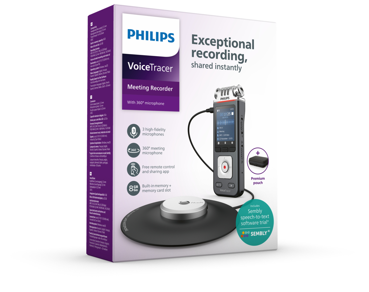 Grabadora de reuniones Philips VoiceTracer con micrófonos 360, memoria de 8 GB y funda premium.