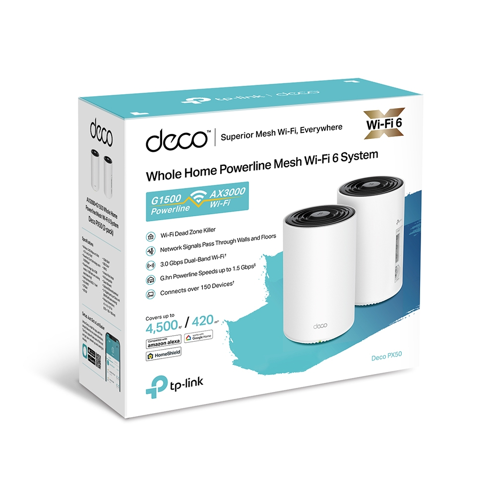 Caja TP-Link Deco Whole Home Powerline Mesh Wi-Fi 6 System con dos dispositivos blancos.