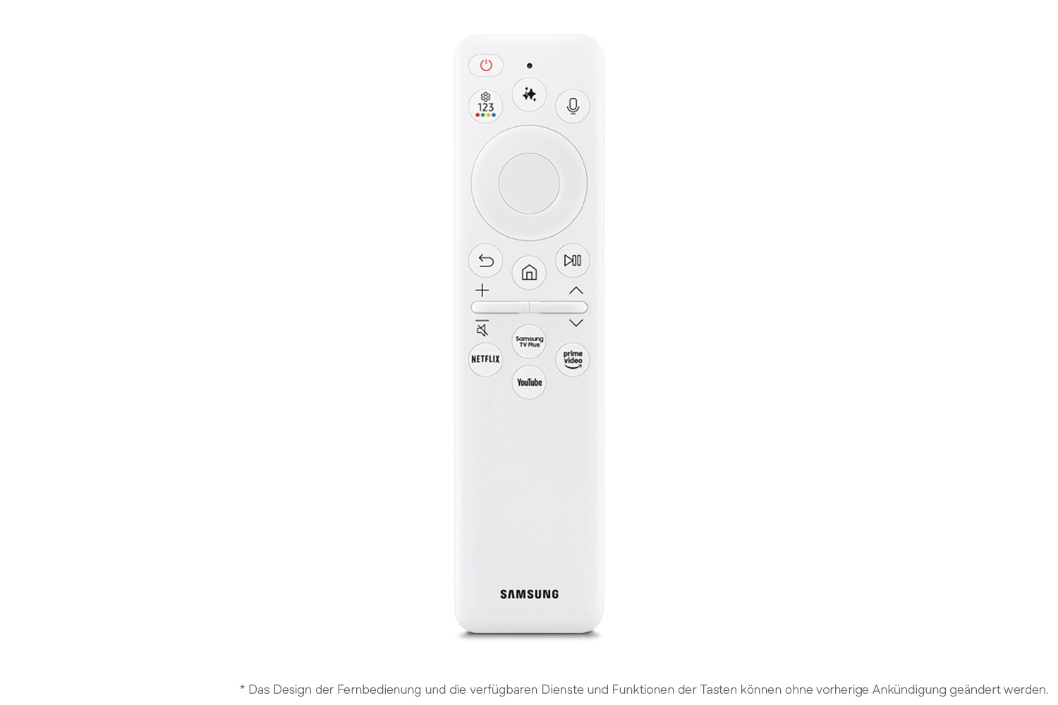 Weiße Samsung Fernbedienung mit Tasten für Netflix, YouTube, Prime Video.