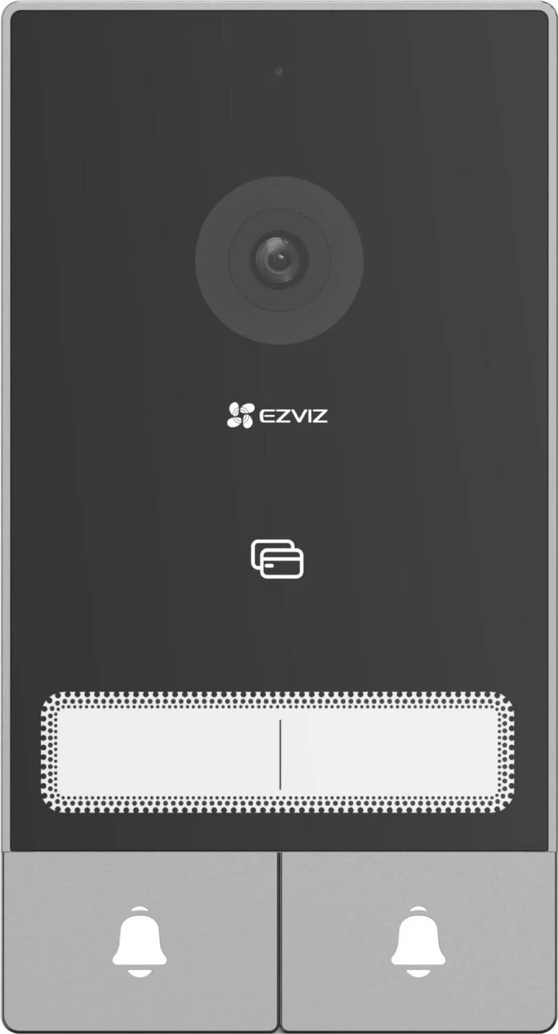 Un timbre negro con cámara, logo EZVIZ, icono de tarjeta y dos botones de timbre.