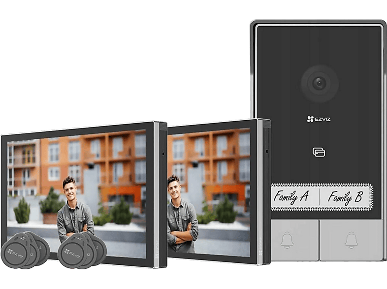 Timbre con cámara - Ezviz Kit HP7 de 2 familias, Resolución 2K (2048 × 1296), Sensor CMOS, Altavoz y micrófono, 20 tonos llamada, pantallas, Negro