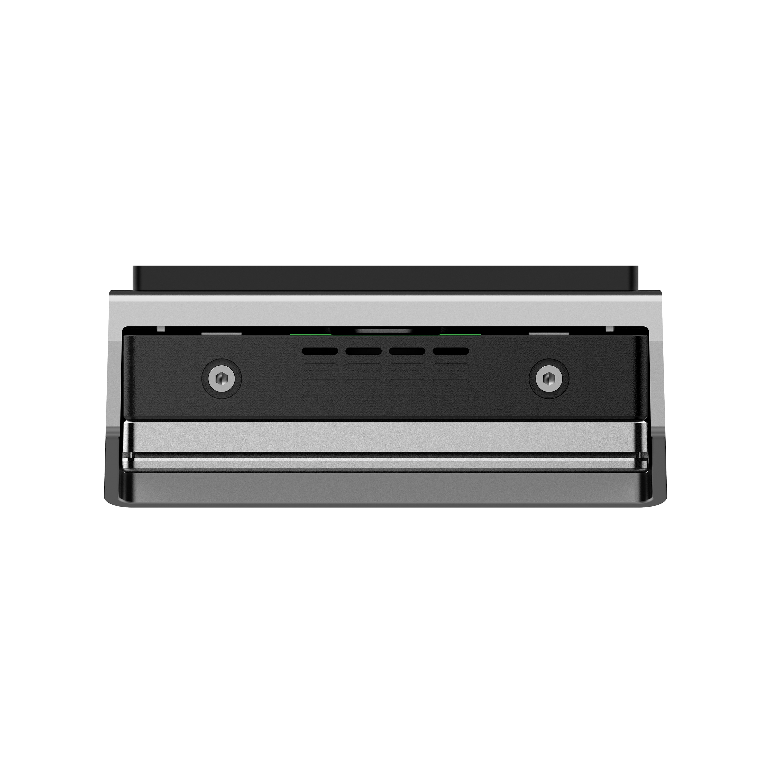 Un dispositivo electrónico negro con marco plateado y ventilaciones.