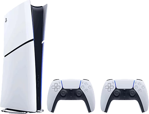 Una console PlayStation 5 bianca con due controller bianchi davanti.