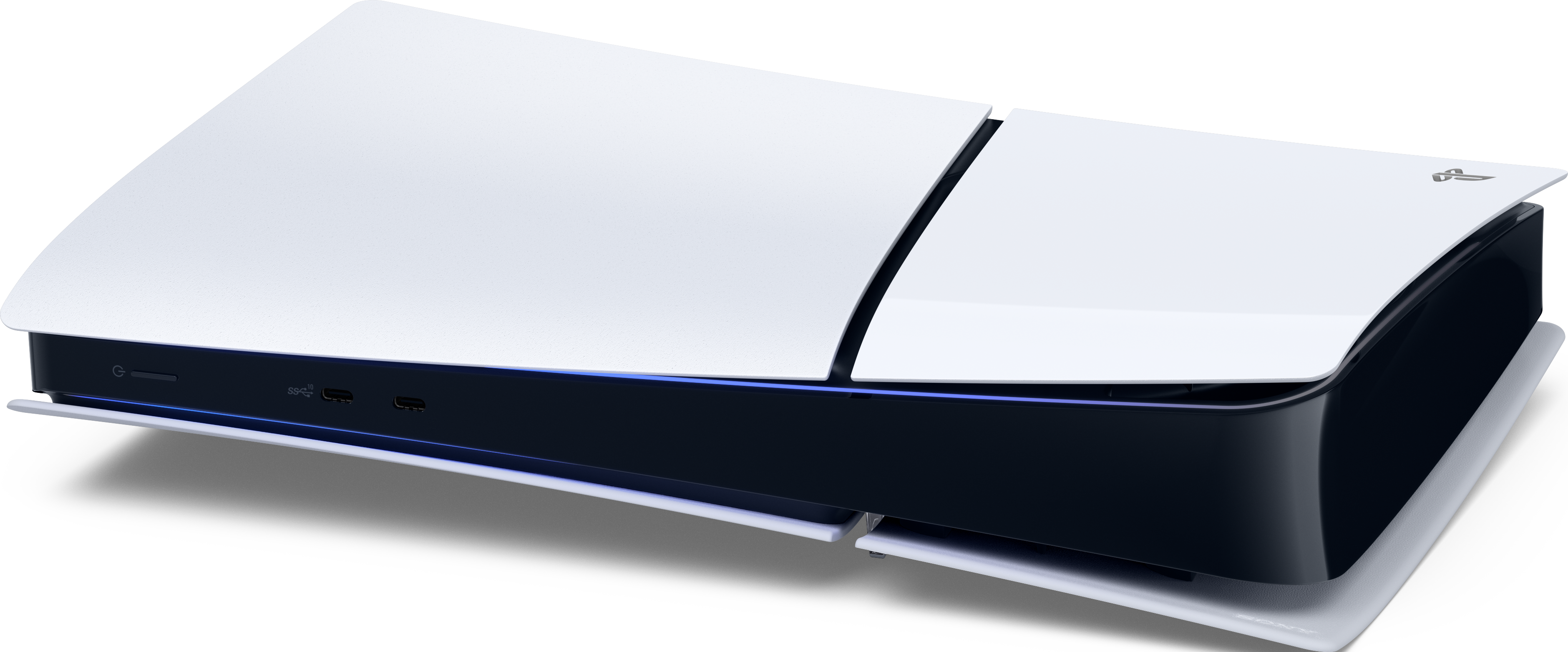 Una console PlayStation 5 bianca e nera con accenti blu.