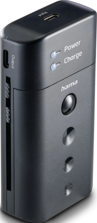 Schwarzes Hama Powerbank mit USB-C-Anschluss und Ladeanzeigen.
