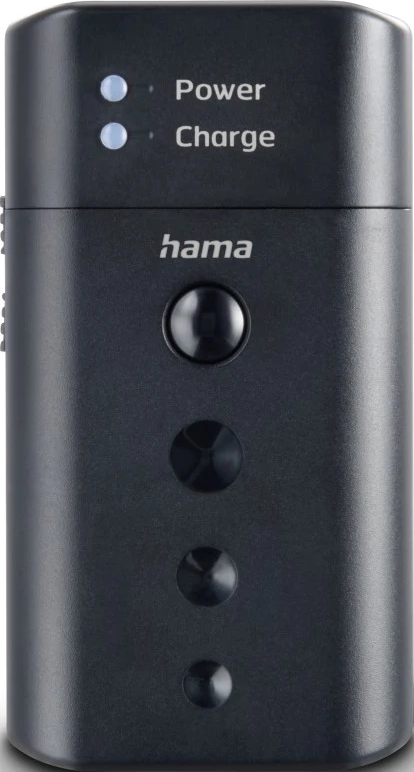 Schwarzes Hama Ladegehäuse mit Power- und Lade-LEDs und drei Tasten.