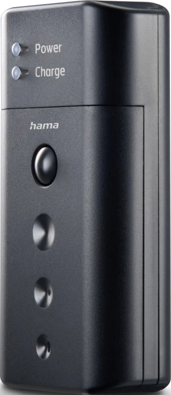 Schwarzer Hama Akku mit Power- und Ladeanzeige.