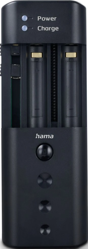 Schwarzes Ladegerät mit zwei AA-Batterien, Power- und Ladeanzeigen.