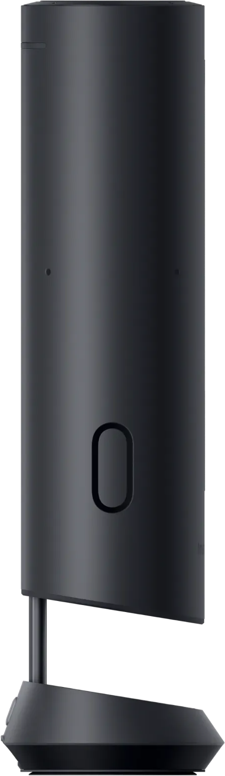 Une enceinte cylindrique noire avec une découpe ovale et une base.