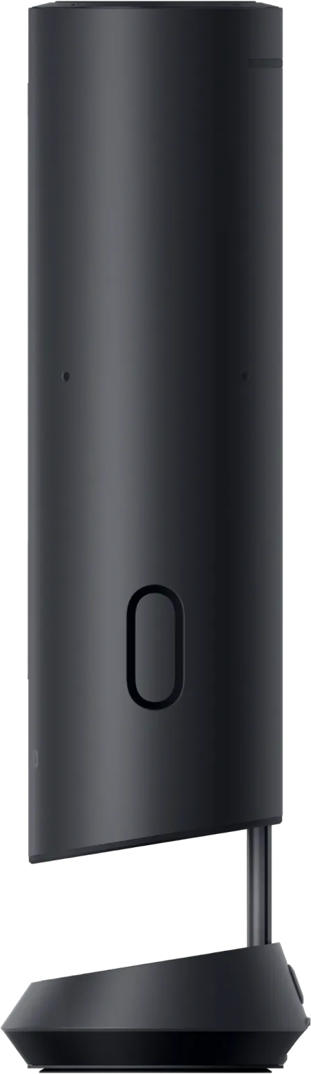 Un haut-parleur noir et cylindrique avec découpe ovale et une base.