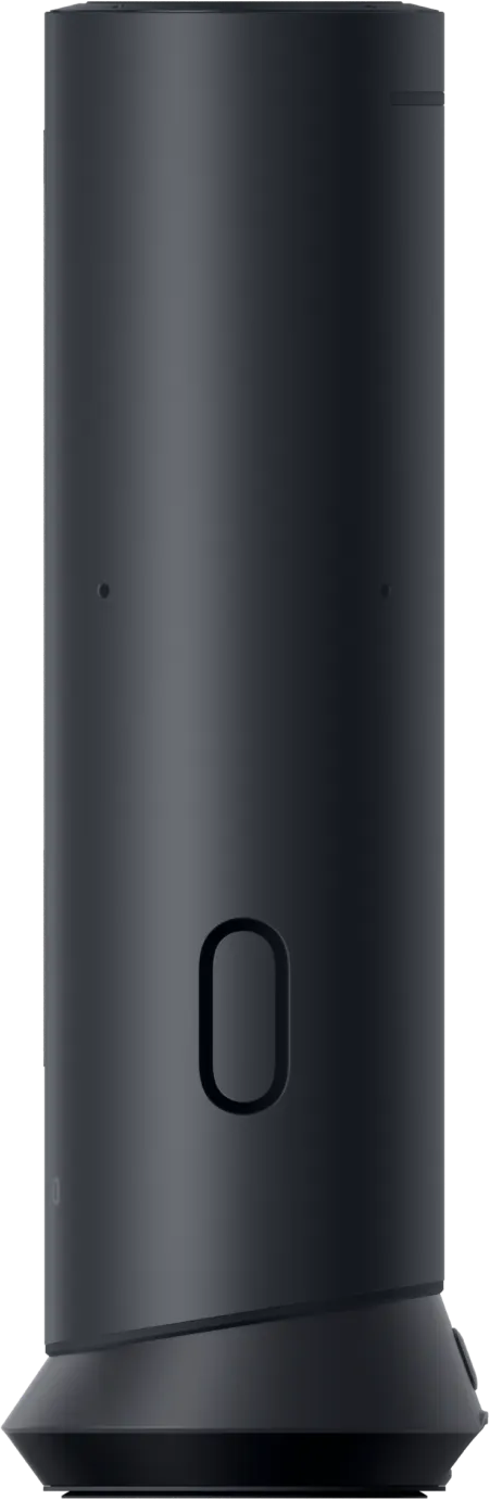 Un haut-parleur cylindrique sombre avec une découpe ovale et une base large.