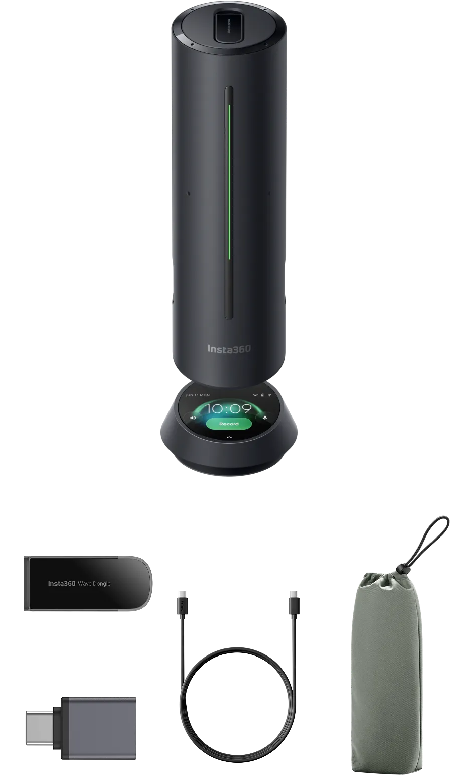 Accessoires Insta360 : cylindre noir, dongle, câble et pochette.