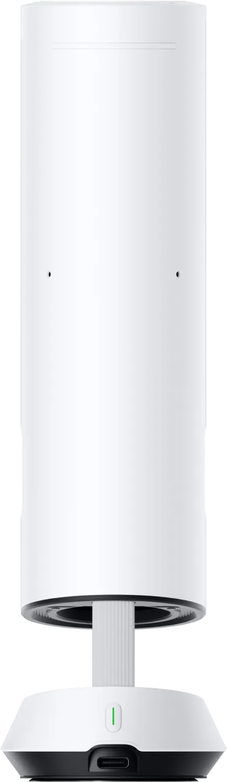 Un haut-parleur cylindrique blanc sur une base noire avec port USB-C.